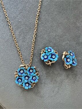 Gold-Tone Blue Flower Necklace & Clip-On Earring Set